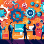 Create an image depicting a business environment where various software systems seamlessly connect and integrate, with symbols of gears, interconnected networks, and flowing data. Show a diverse team
