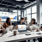 Create an image of a diverse group of marketers in a modern office environment, collaborating around a large digital dashboard filled with graphs, charts, and data insights. Include elements like lapt