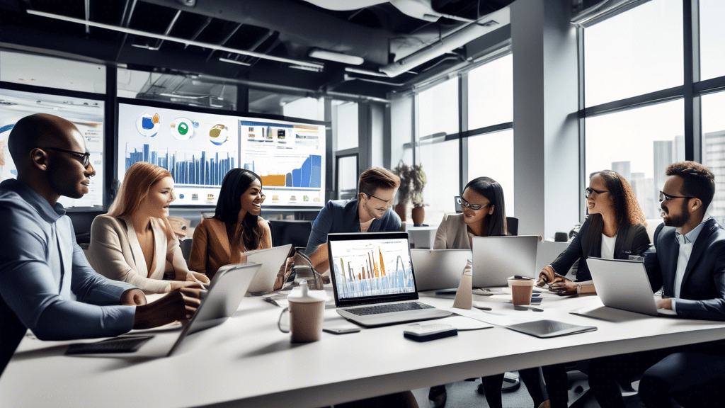 Create an image of a diverse group of marketers in a modern office environment, collaborating around a large digital dashboard filled with graphs, charts, and data insights. Include elements like lapt