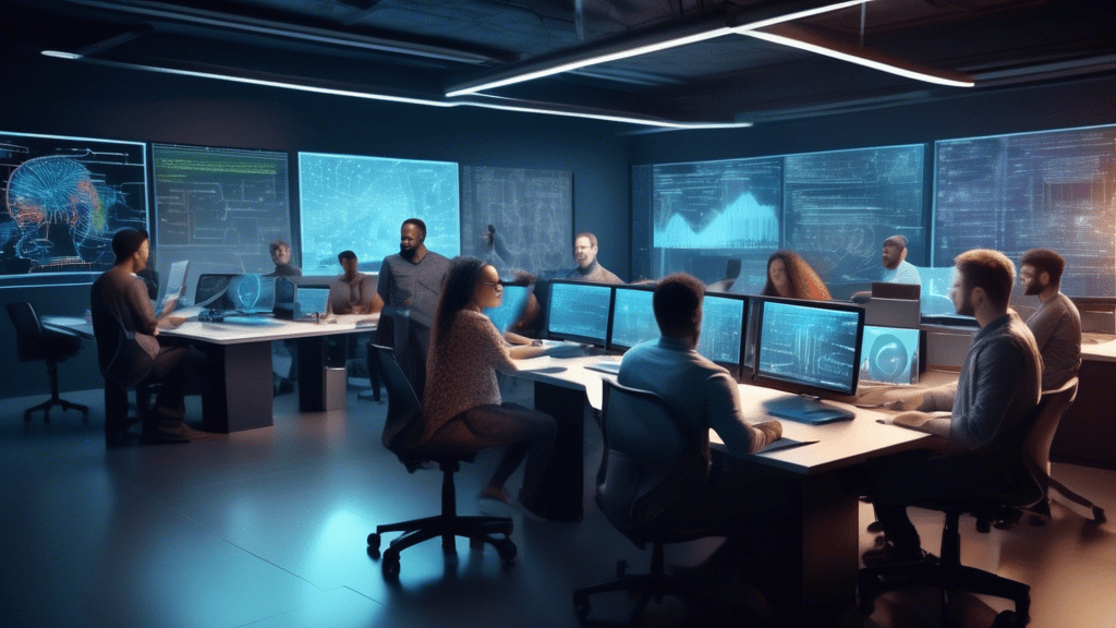 Create an image of a diverse group of enthusiastic software developers collaborating in a modern tech workspace with screens displaying code and diagrams. Incorporate elements that suggest advanced ar