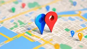 Two Google Maps pins merging into one, with the Google My Business logo in the background.