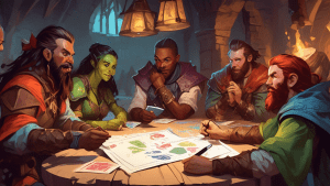 A group of adventurers gathered around a table passing notes to each other during a tense moment in a Dungeons and Dragons game.