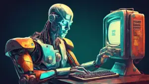A friendly cyborg sending an email from a vintage computer, digital art