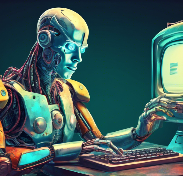 A friendly cyborg sending an email from a vintage computer, digital art