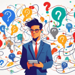 A frustrated business owner with tangled wires shaped like a question mark, surrounded by floating Google My Business icons and holding a phone with the Google Business Profile support page on the scr