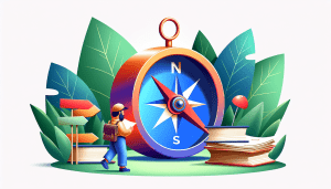 A friendly compass guiding a lost explorer through a dense jungle of technical support documentation with a SiteGround logo on its side.