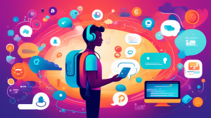 Create an illustration of a person navigating through a digital landscape filled with various customer support elements like chat bubbles, emails, help desks, and Twilio logos. The scenery should blen