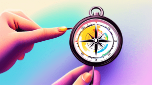 A hand holding a compass with its needle pointing towards a computer screen displaying the UniversalCard.com website.