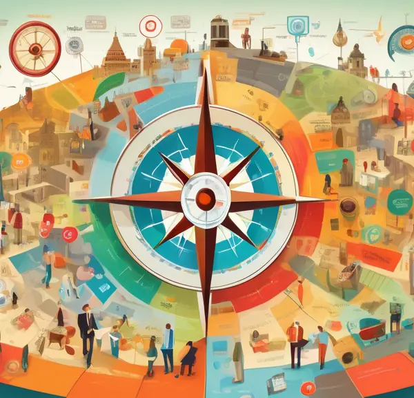 A business owner uses a giant compass to navigate a sprawling, complex map made up of icons and menus labeled Google Business Profile.