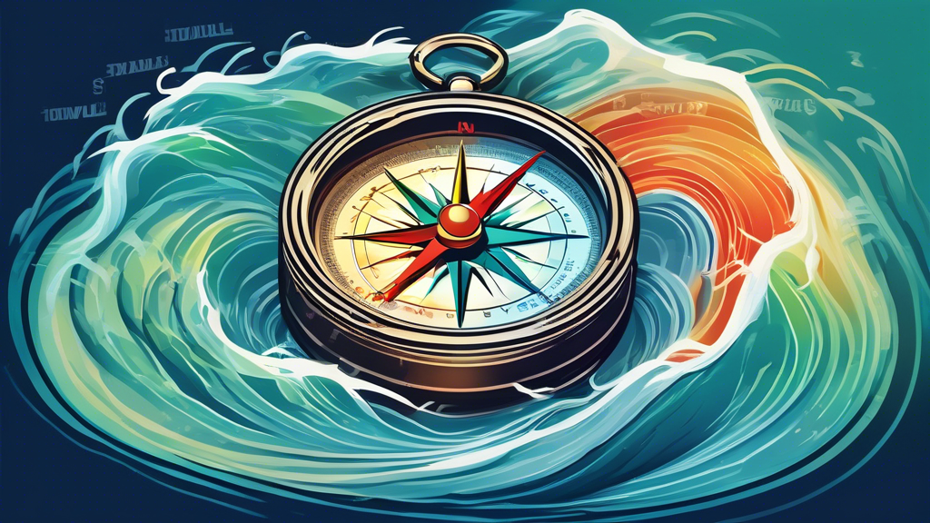 A compass floating on turbulent waves with stock market charts appearing on the water's surface.