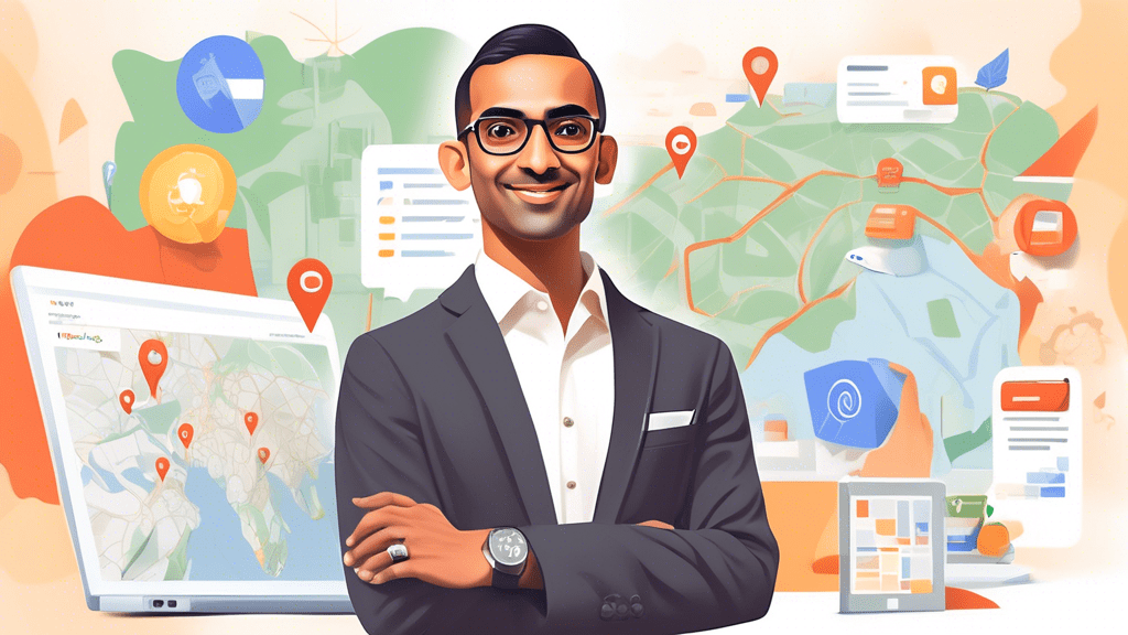 Create an illustration featuring Neil Patel standing confidently with a laptop in hand. In the background, depict various elements related to Google My Business such as a local business location pin o
