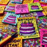 A cluttered desk with overflowing sticky notes reminding of birthdays, each with a different cake doodle and frantic handwriting.