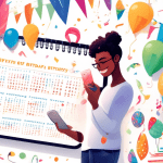 Prompt: A calendar page with various birthday reminders and celebrations marked, surrounded by colorful birthday decorations, gifts, and a smiling person holding a smartphone with a calendar app open,