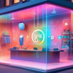 A futuristic shop window with the Google Maps logo, showing interactive holographic features like customer reviews, 3D product previews, and real-time appointment booking.