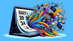 A calendar page flipping from May 20th to May 24th, with colorful new release items like books, video games, and albums bursting out from behind the page.