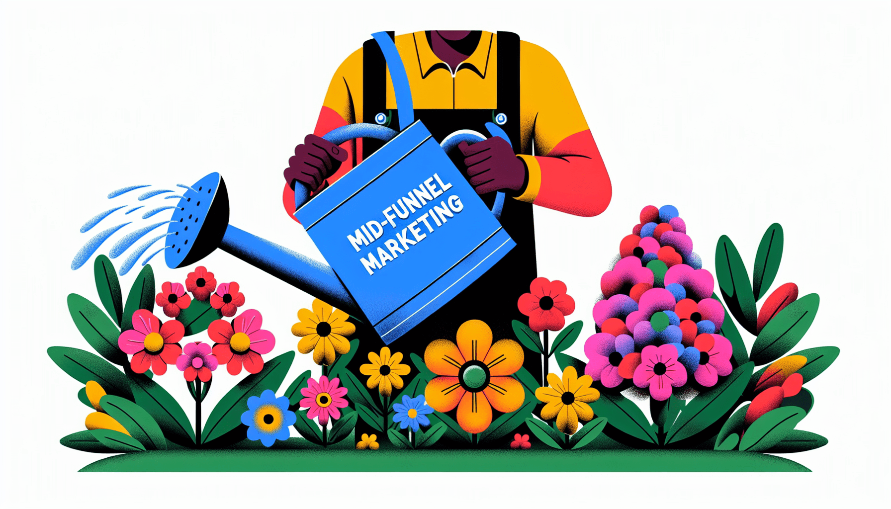 A gardener carefully watering a group of blooming mid-sized flowers with a watering can labeled Mid-Funnel Marketing