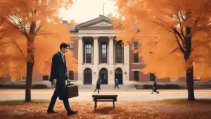 A serene university campus during autumn, with students walking and studying outdoors amidst the falling leaves. In the foreground, a well-dressed young professional is holding a briefcase in one hand