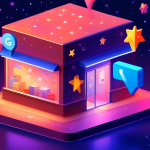 A storefront glowing with a Google Maps pin hovering above it, surrounded by floating stars and checkmarks.