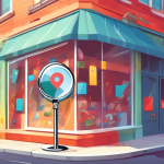 A friendly storefront with a giant Google Maps pin popping out of it and a magnifying glass analyzing its details.