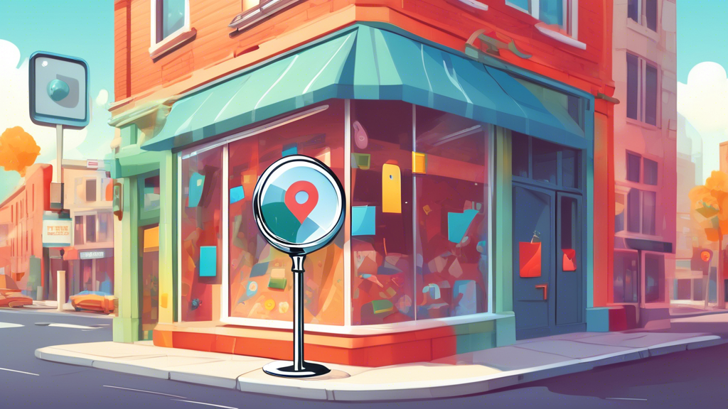 A friendly storefront with a giant Google Maps pin popping out of it and a magnifying glass analyzing its details.