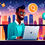 A dynamic and engaging digital illustration of a business person optimizing the Q&A section of their Google Business Profile on a laptop. The background features icons of success like thumbs up, stars