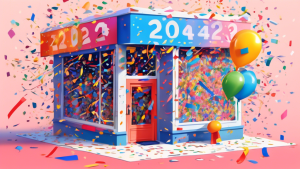 A storefront with a giant Google Maps pin bursting out of it, decorated with 2024 confetti and streamers.