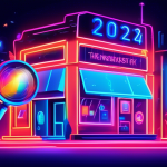 A storefront with a giant magnifying glass hovering over a Google My Business profile on a smartphone, with 2024 in neon lights in the background.
