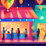 A storefront glowing with positive online reviews and a 5-star rating emanating from a Google Maps pin, surrounded by happy customers using their phones.