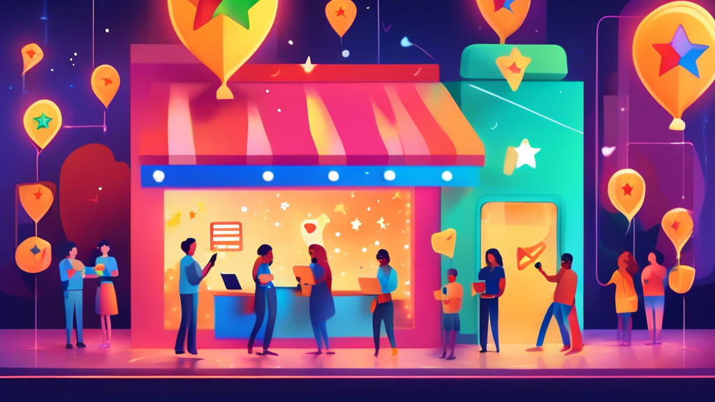 A storefront glowing with positive online reviews and a 5-star rating emanating from a Google Maps pin, surrounded by happy customers using their phones.