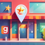 A storefront with a magnifying glass hovering over a Google Maps pin and a shining star rating.