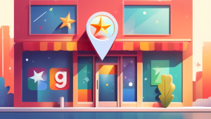 A storefront with a magnifying glass hovering over a Google Maps pin and a shining star rating.