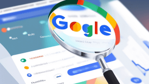 A magnifying glass hovering over a Google My Business profile page with keywords highlighted and glowing.