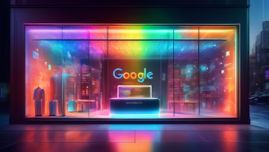 A futuristic storefront glowing with Google colors, with a holographic 2024 floating above and data visualizations highlighting key business information.