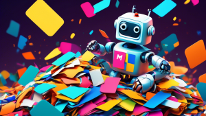 A playful robot organizing a chaotic pile of colorful labels with the Google My Business logo shining in the background.