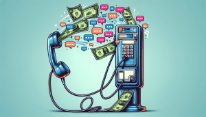 A vintage payphone with a speech bubble overflowing with chat messages and dollar bills.