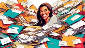 A businesswoman smiles as she sorts through a large pile of envelopes, each labeled with a different person's name and interests.