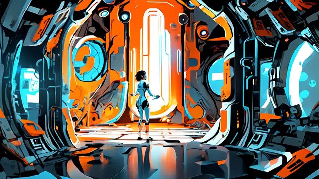 A futuristic test chamber from the video game Portal 2, featuring complex puzzles involving portals, lasers, and robotic turrets, with the playable character Chell standing in the foreground holding t