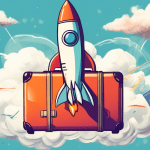 A rocket ship soaring through the clouds with a travel website homepage on its side, labeled White Label Booking, with a suitcase and passport flying out of the exhaust.
