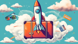 A rocket ship soaring through the clouds with a travel website homepage on its side, labeled White Label Booking, with a suitcase and passport flying out of the exhaust.