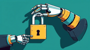 A robot hand reaching for a key in a lock, but getting an error message saying Authentication Error