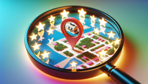A magnifying glass hovering over a map with a storefront pinned and surrounded by glowing five star reviews.
