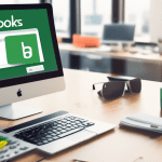 DALL-E Prompt:nA laptop screen displaying the QuickBooks login page, with a hand typing on the keyboard and a QuickBooks logo visible on the screen, set against a clean, modern office background with