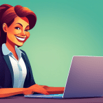 A businesswoman logging into QuickBooks on her laptop with a smile.