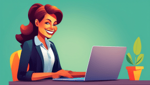 A businesswoman logging into QuickBooks on her laptop with a smile.