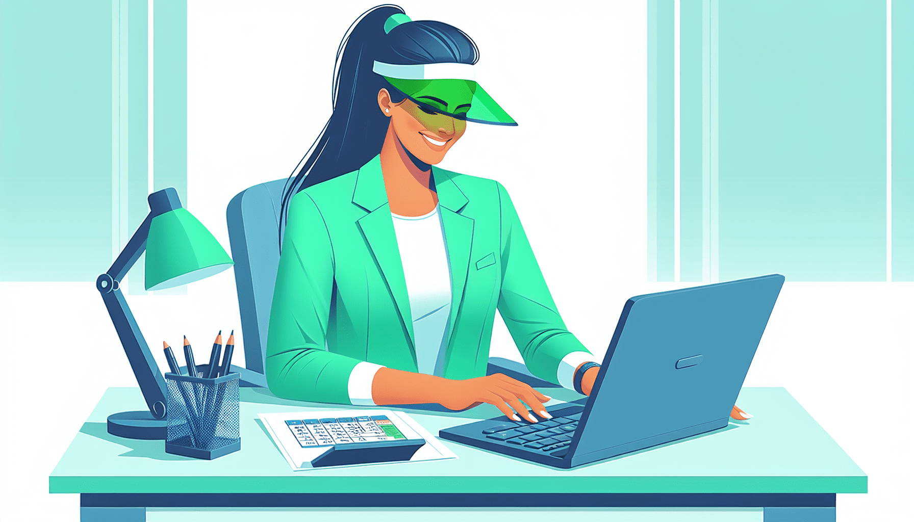 A businesswoman wearing a green visor and sitting at a desk smiles as she uses QuickBooks software on a laptop.