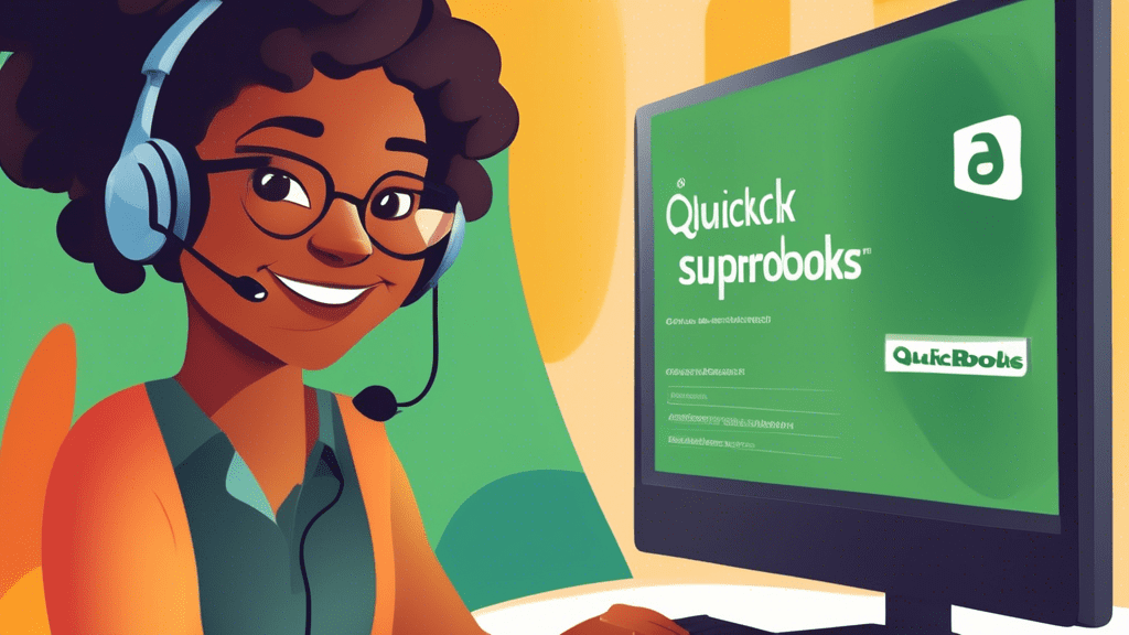 DALL-E Prompt:nA friendly customer support representative wearing a headset, smiling and assisting a small business owner with QuickBooks on a computer screen, with the QuickBooks logo prominently dis