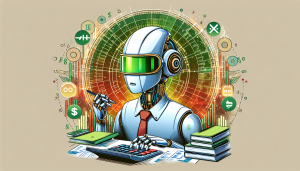 A friendly robot accountant wearing a green visor, surrounded by spreadsheets and calculators, with a QuickBooks logo in the background