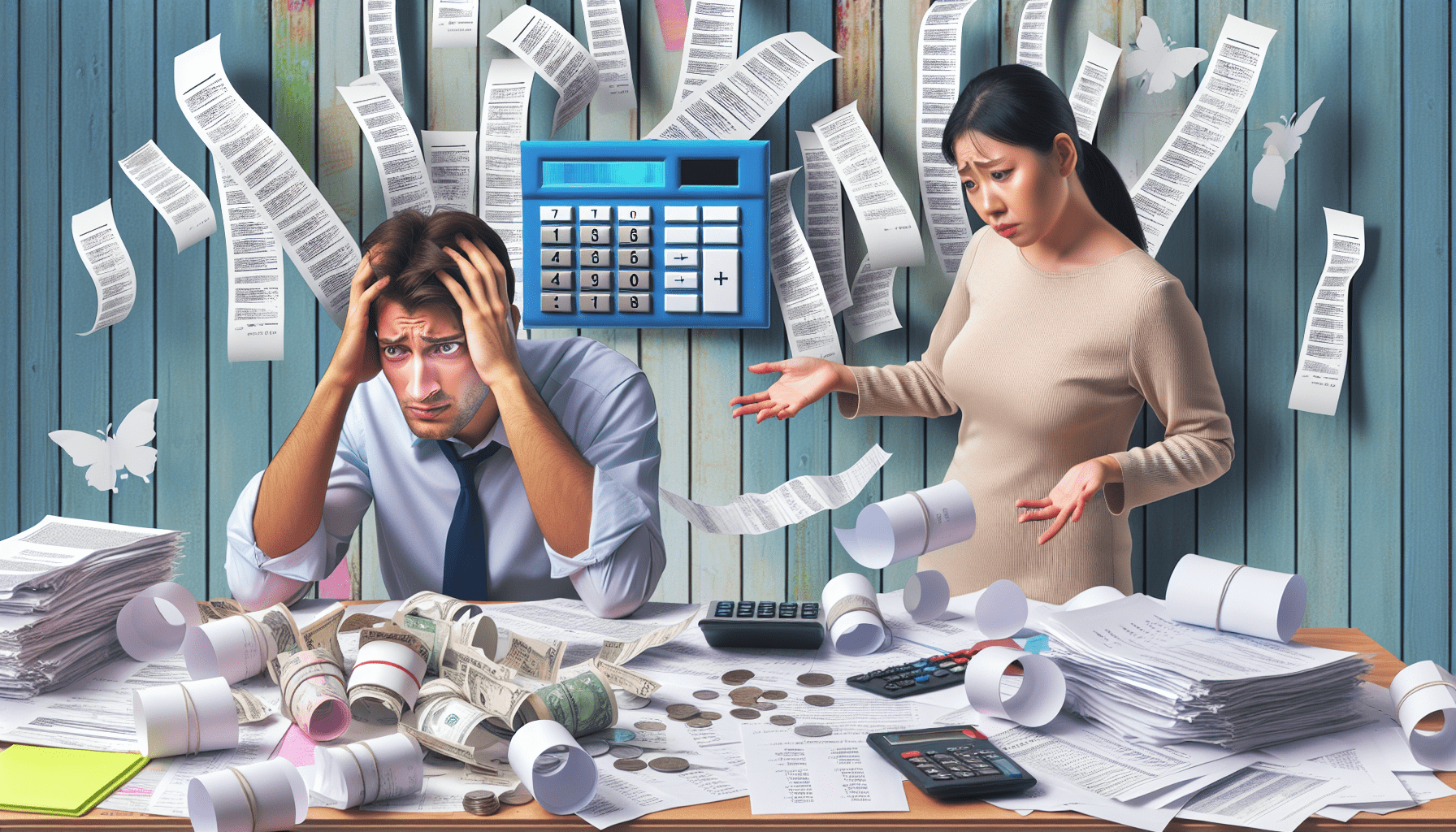 A photorealistic image of a frustrated person surrounded by receipts and financial papers with a QuickBooks logo hovering above them.