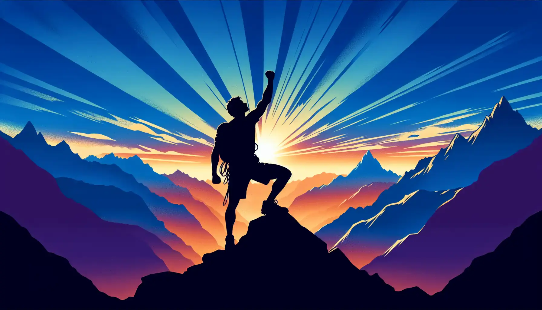 A lone climber, silhouetted against a breathtaking mountain sunrise, reaches the summit with a triumphant fist pump.