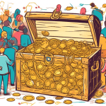 A hand drawing a network of people connected with referral links, leading to a treasure chest overflowing with gold coins.